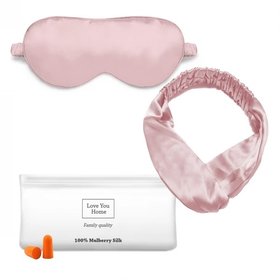 Набір: маска+пов'язка для волосся+чохол+беруші, 100% шовк, рожевий