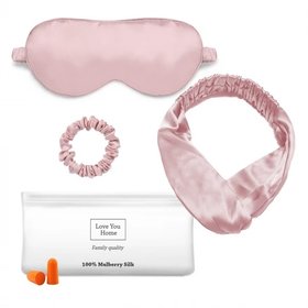 Набор: маска+повязка для волос+резинка+чехол+беруши, 100% шёлк, розовый