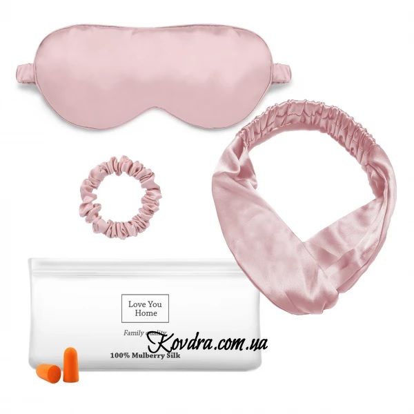 Набір: маска+пов'язка для волосся+гумка+чохол+беруші, 100% шовк, рожевий