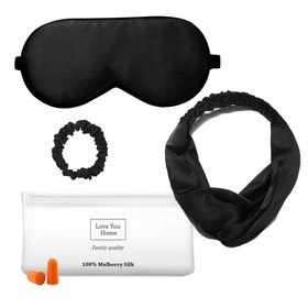 Набір: маска+пов'язка для волосся+гумка+чохол+беруші, 100% шовк, чорний