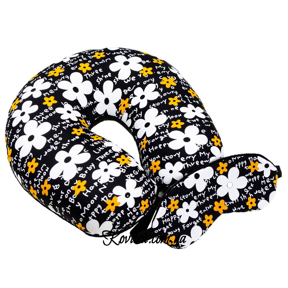 Подушка-рогалик дорожня та пов'язка для очей "Чорно-білі Квіти", 30x30см
