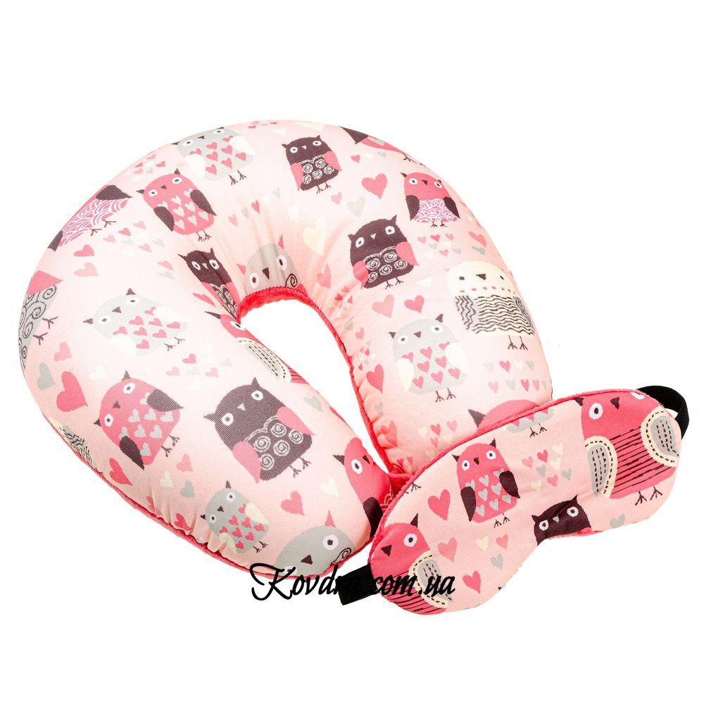 Подушка-рогалик дорожня та пов'язка для очей "Рожеві Сови", 30x30см