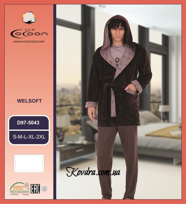 Мужская домашняя одежда тройка (брюки, кофта, халат) 97-5043, размер S