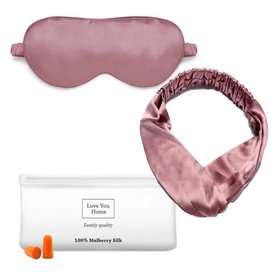 Набір: маска+пов'язка для волосся+чохол+беруші, 100% шовк, темно-рожевий