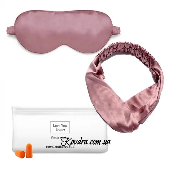 Набор: маска+повязка для волос+чехол+беруши, 100% шёлк, темно розовый