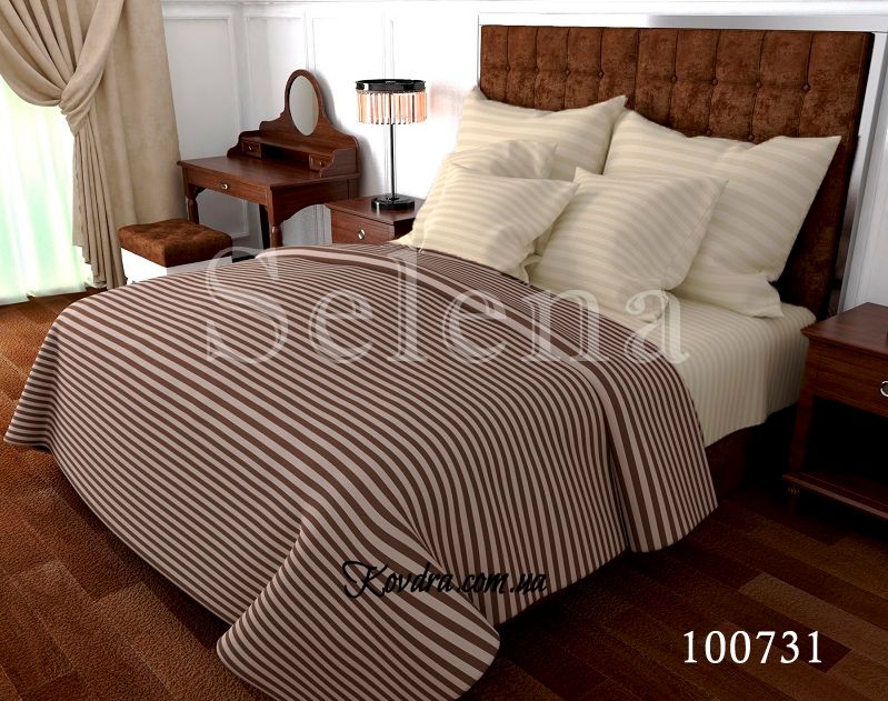 Комплект постельного белья "Stripe Коричнево-Ванильный" с тканью-компаньоном, евро двуспальный евро