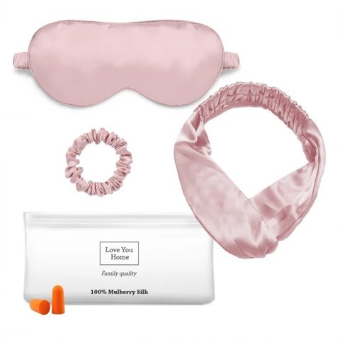 Набір: маска+пов'язка для волосся+гумка+чохол+беруші, 100% шовк, рожевий