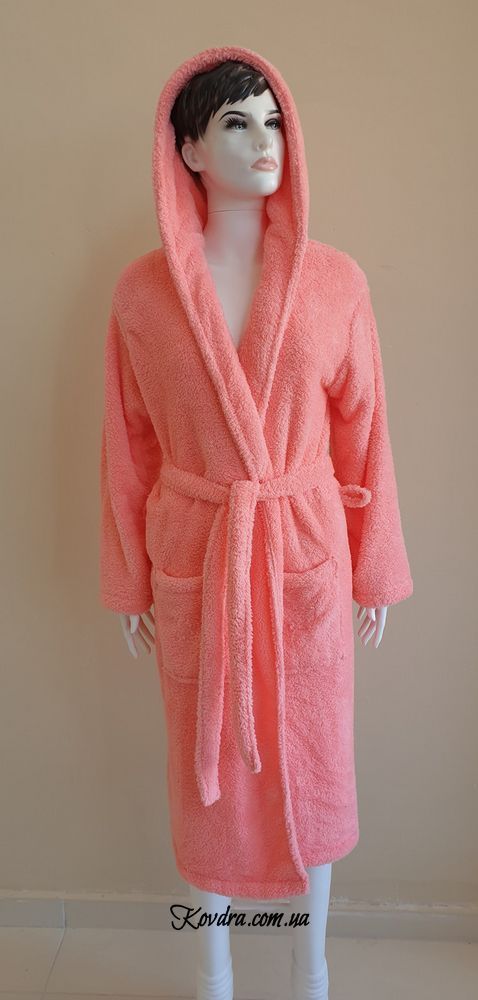Халат женский длинный махровый с капюшоном Welsoft персиковый 2, размер XL