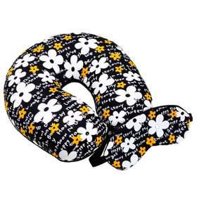 Подушка-рогалик дорожня та пов'язка для очей "Чорно-білі Квіти", 30x30см