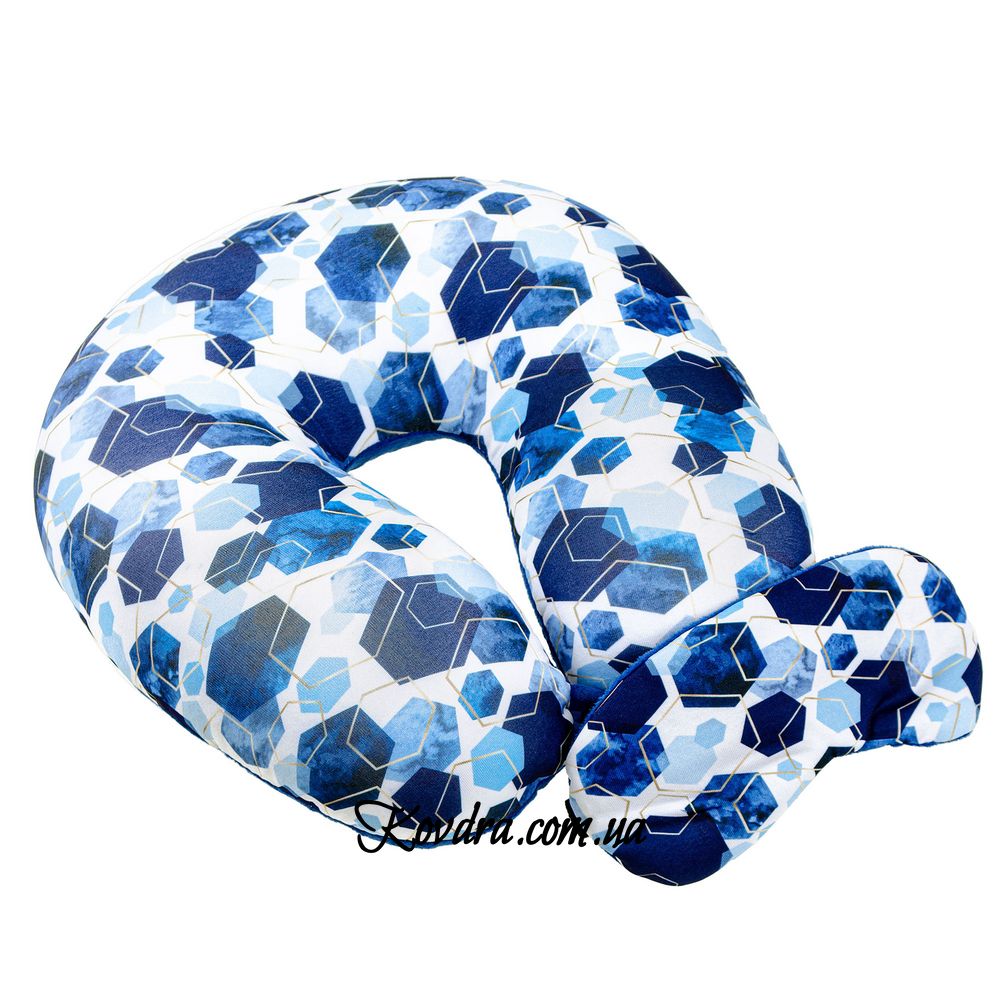 Подушка-рогалик дорожня та пов'язка для очей "Сині Гекси", 30x30см