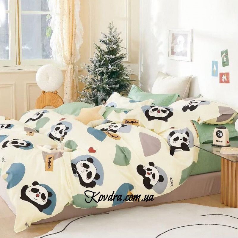 Комплект постільної білизни бязь "Зелені панди", сімейний на резинці