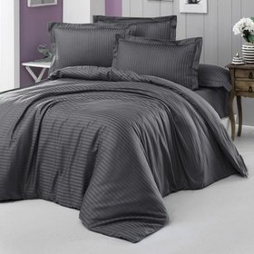 Комплект постельного белья страйп-сатин "Тёмно-серый", двойной двоспальный на резинке