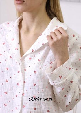Пижама женская муслиновая молочная "Красные сердца" размер S 100% хлопок