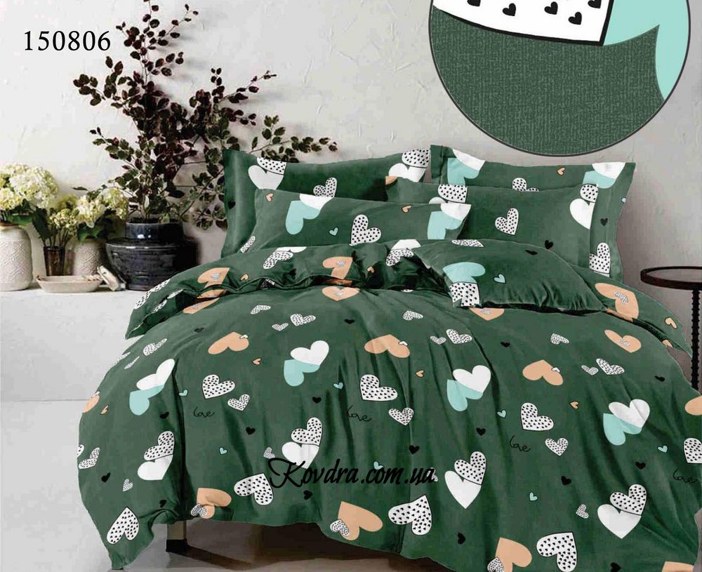 Комплект постельного белья бязь "Сердца Green" с тканью-компаньоном, полуторный