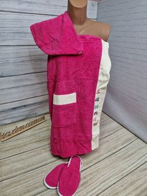 Набор для сауны женский Gursan розовый: полотенце на липучке, чалма, тапочки