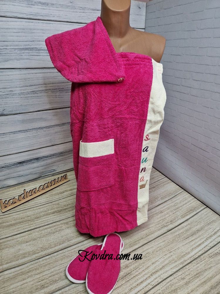 Набір для сауни жіночий Gursan рожевий: рушник на липучці,чалма,капці