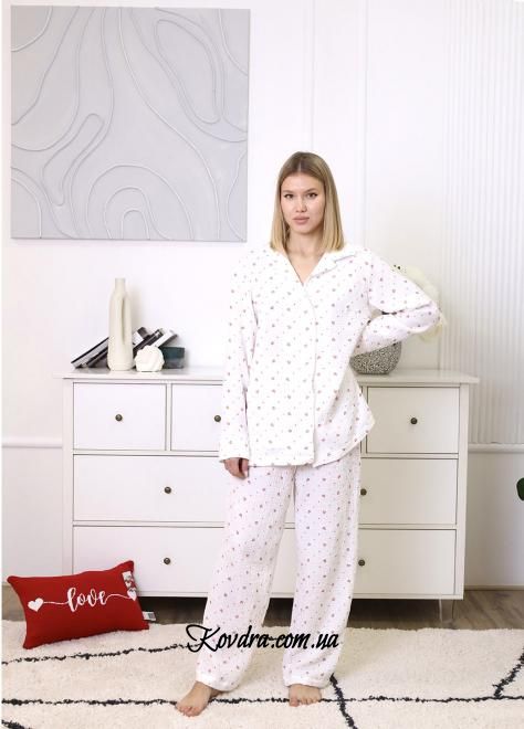 Пижама женская муслиновая молочная "Красные сердца" размер М 100% хлопок