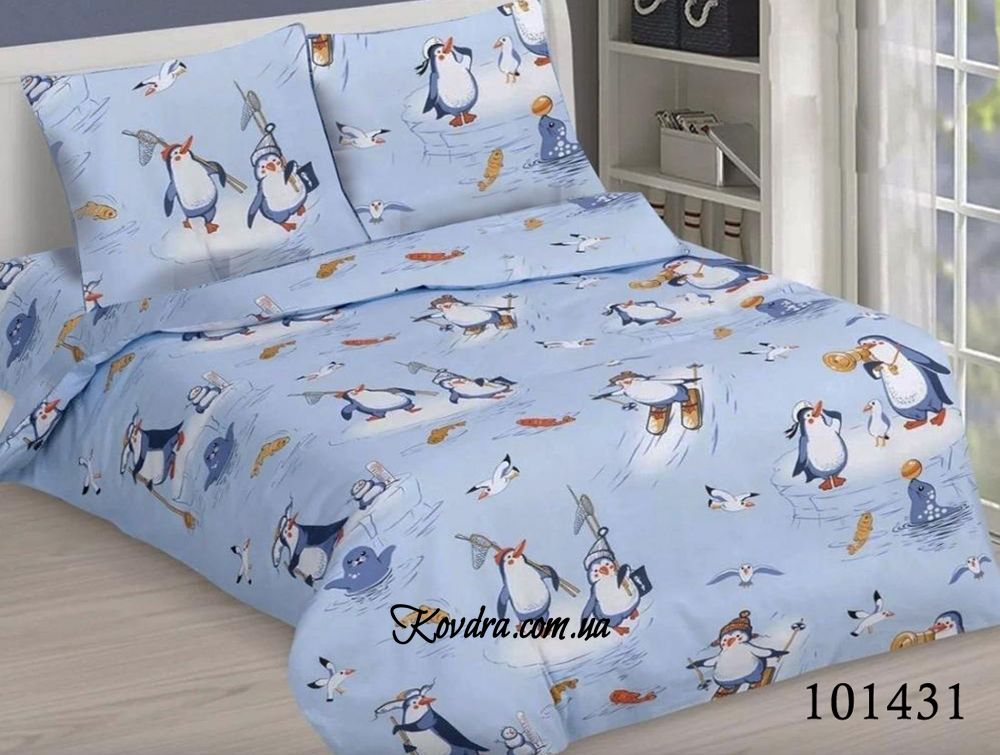 Комплект постільної білизни бязь "Пінгвінчики Blue" без тканини-компаньйону, подвійний двоспальний 101431-020