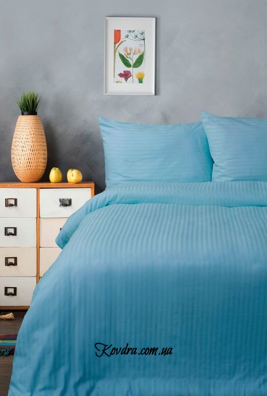 Комплект постельного белья Отель - сатин страйп голубой 1х1см (турецкий хлопок) двуспальный евро