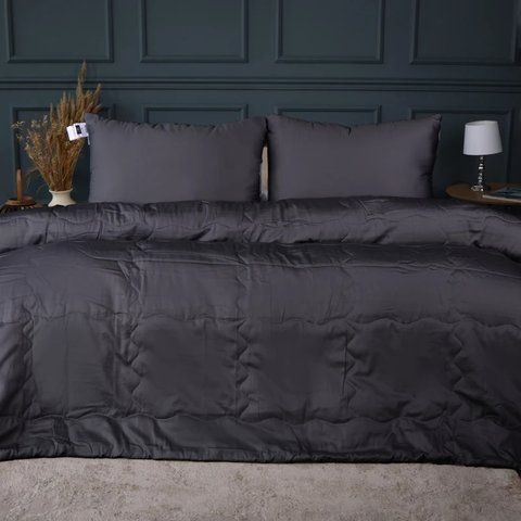Літній постільний комплект №3002 Line Satin Premium 0240 Iron grey З евкаліптовим волокном (2 ковдри + 2 наволочки), 140х205 см