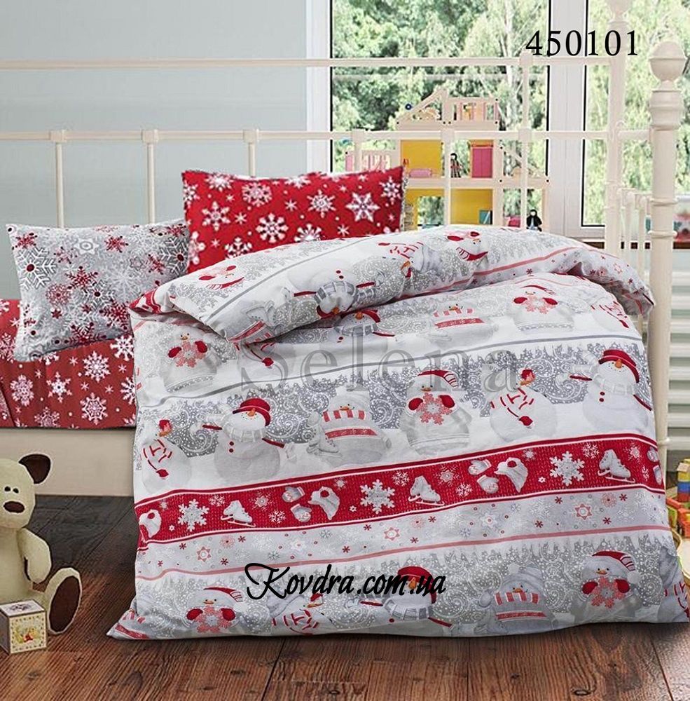Комплект постельного белья "Снеговички комби" с тканью-компаньоном, евро двуспальный евро