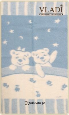 Зимнее одеяло детское из овечьей шерсти жаккардовое "Умка" бело-голубое 110х140 см
