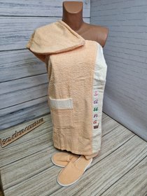 Набор для сауны женский Gursan персиковый: полотенце на липучке, чалма, тапочки