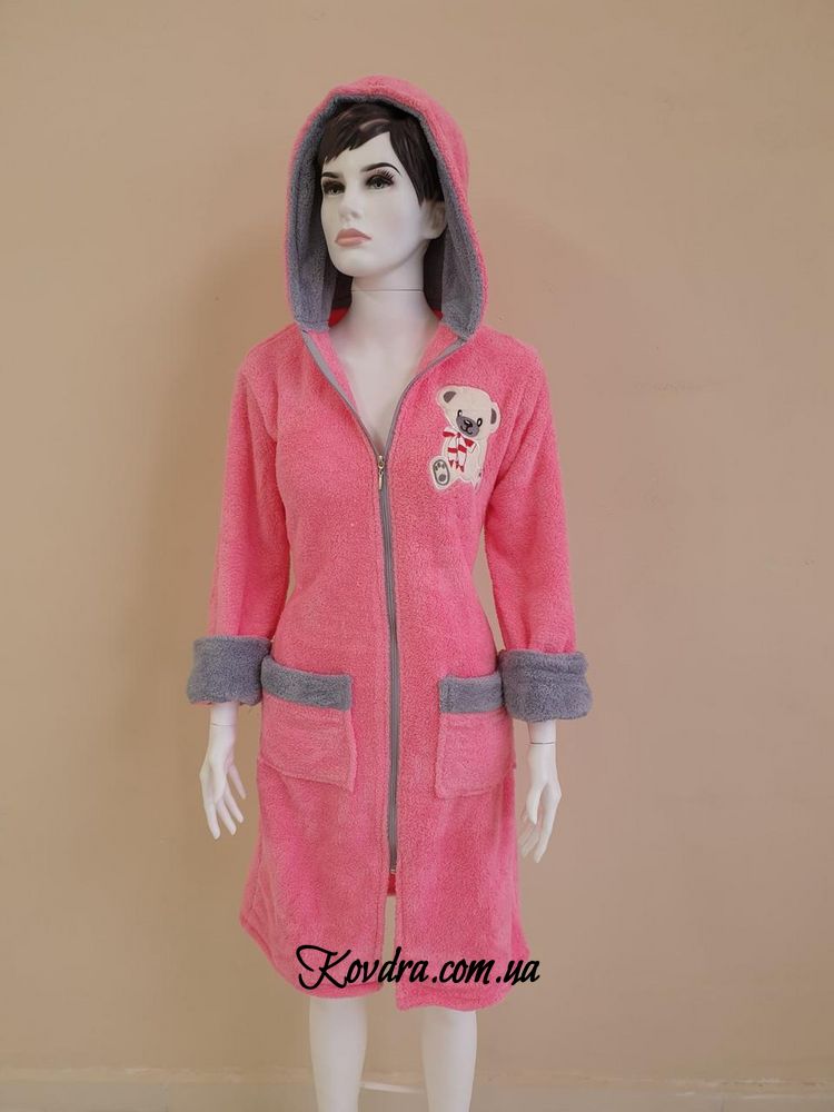 Халат жіночий довгий на блискавці з капюшоном Welsoft рожевий, розмір М