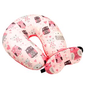 Подушка-рогалик дорожня та пов'язка для очей "Рожеві Сови", 30x30см